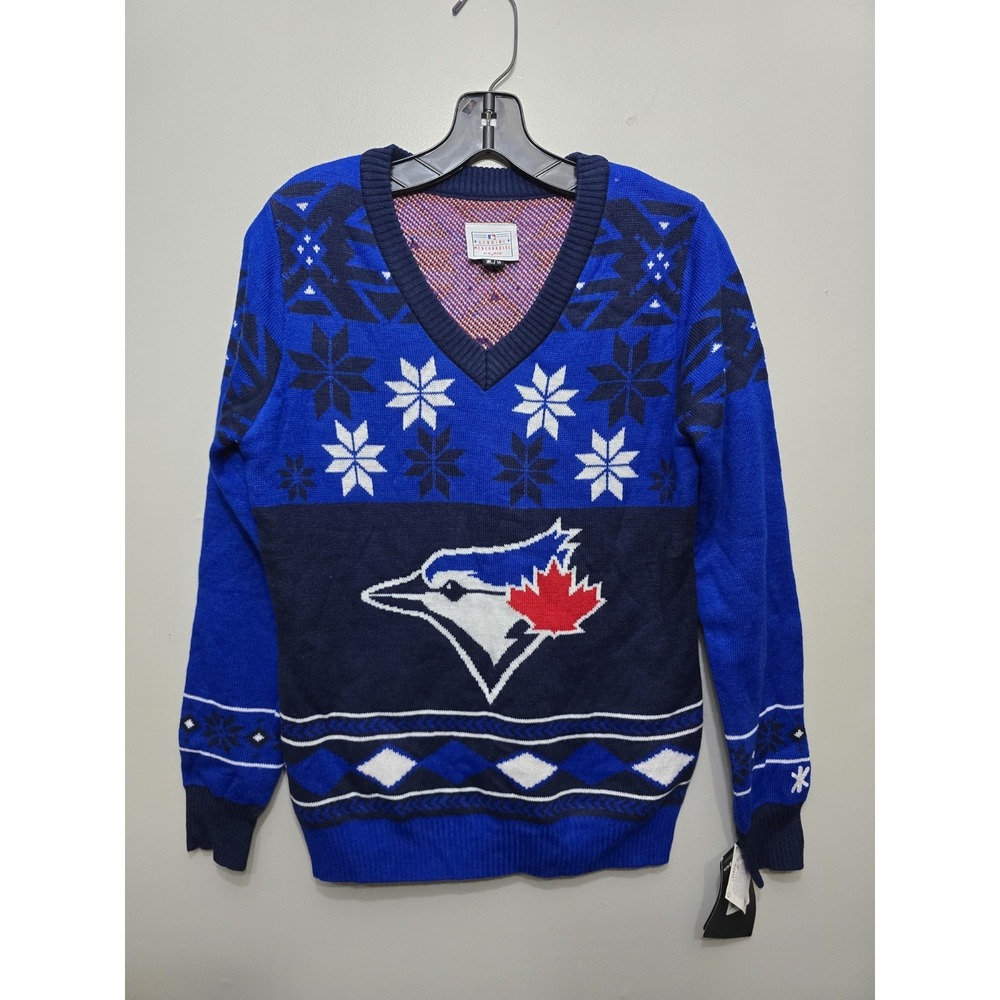 Toronto Blue Jays MLB Ugly Christmas Sweater Adult Medium Blue V-Neck Knit NEW